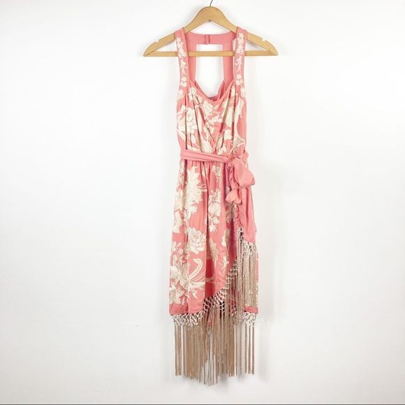 Anthropologie Pink Floral Embroidered Fringe Wrap Midi Dress Size 2P - Picture 2 of 16